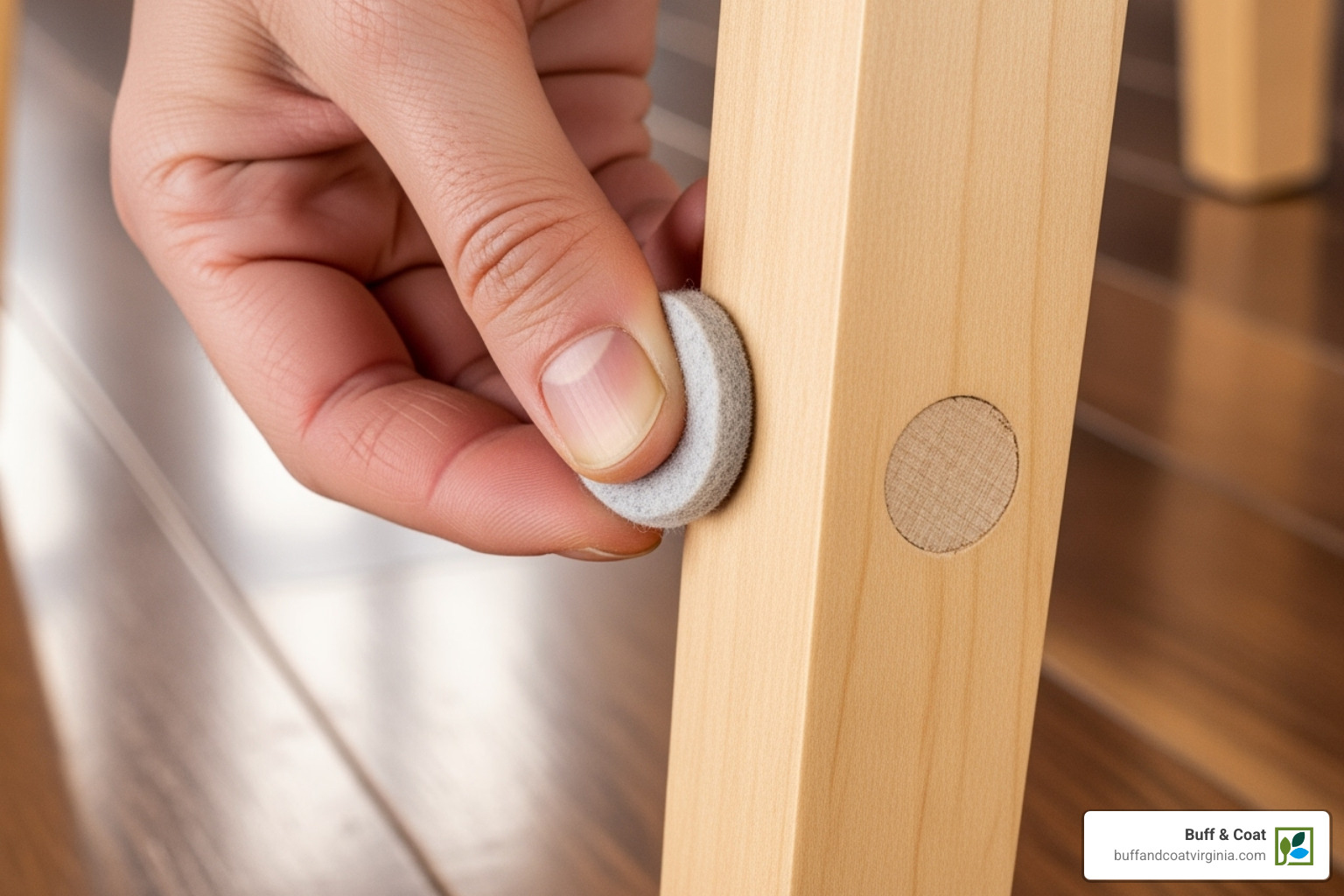 of felt pads being applied to the bottom of a chair leg - hardwood floor maintenance tips of felt pads being applied to the bottom of a chair leg - hardwood floor maintenance tips