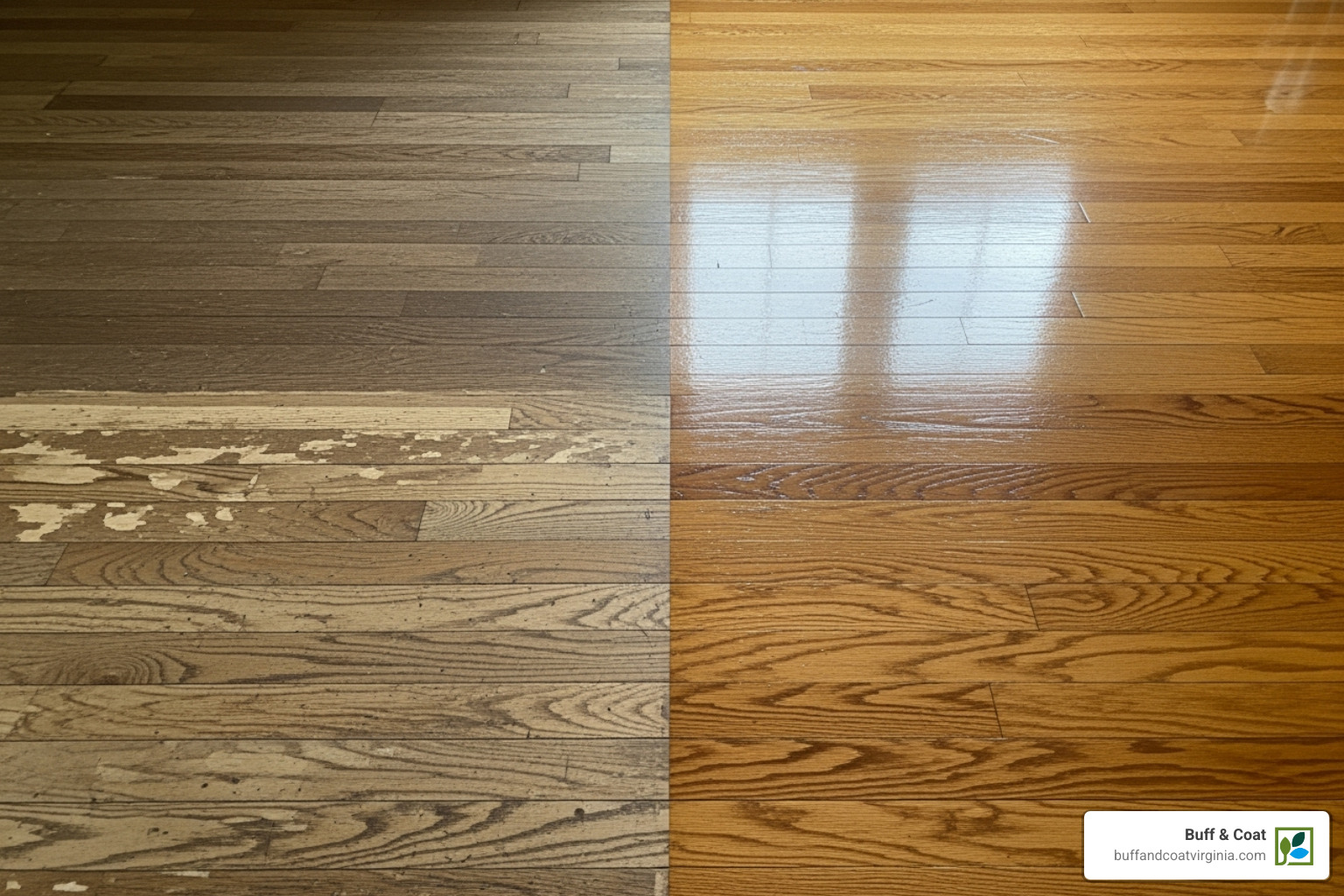 showing a floor half-dull and half-shiny after a buff and coat treatment - hardwood floor maintenance tips showing a floor half-dull and half-shiny after a buff and coat treatment - hardwood floor maintenance tips