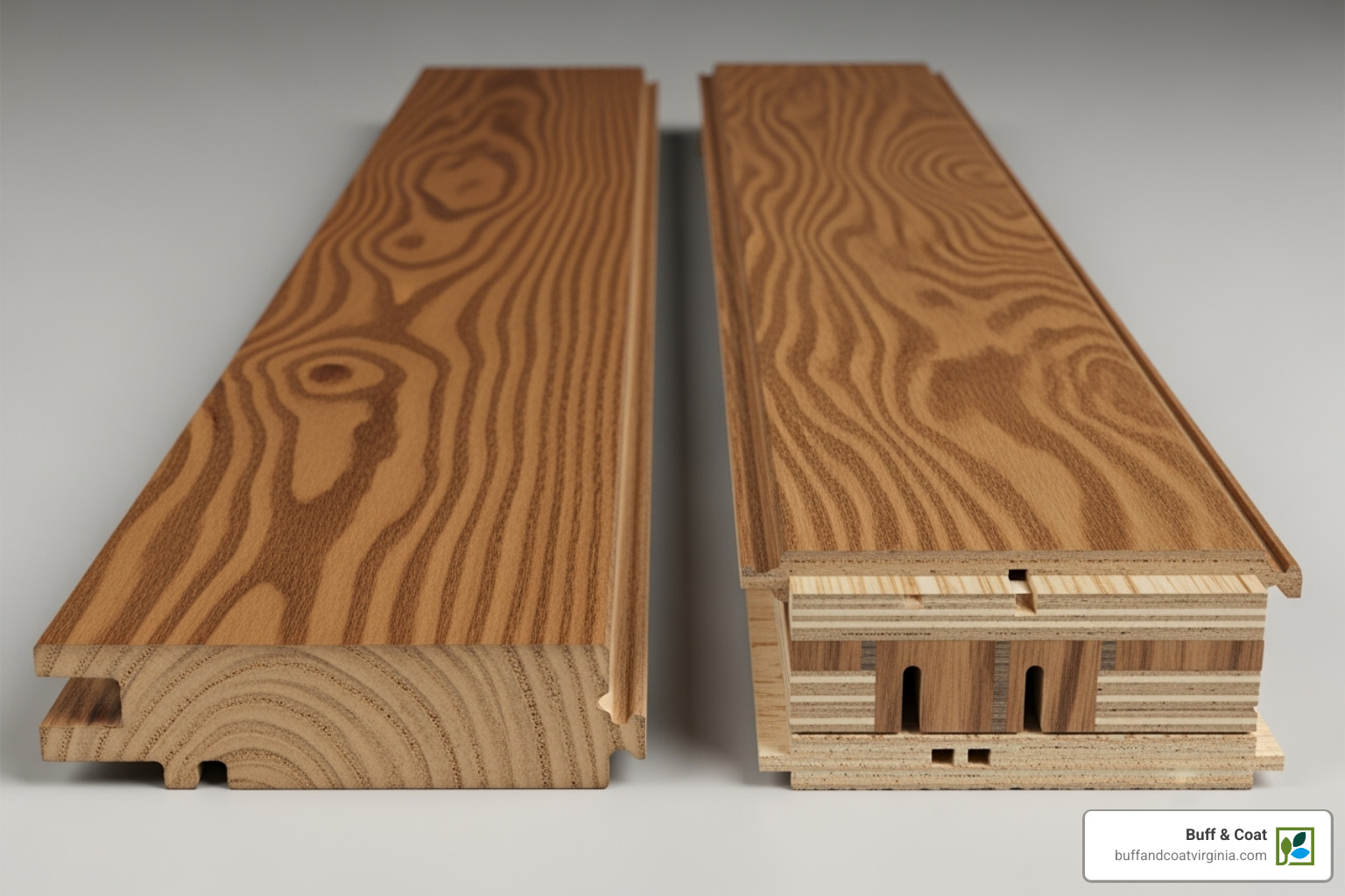 showing a side-by-side comparison of solid and engineered hardwood planks - hardwood floor maintenance tips showing a side-by-side comparison of solid and engineered hardwood planks - hardwood floor maintenance tips