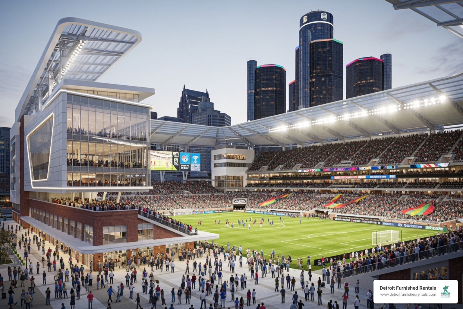 Rendering of the new Detroit City FC stadium on the site of the former Southwest Detroit Hospital, showcasing modern architecture and a vibrant atmosphere - hospitals in detroit that have closed