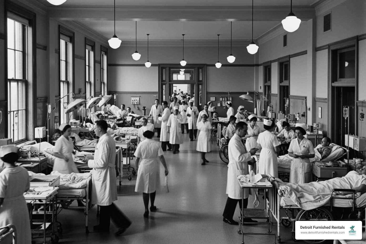 Archival image of a busy Detroit hospital in the mid-20th century - hospitals in detroit that have closed