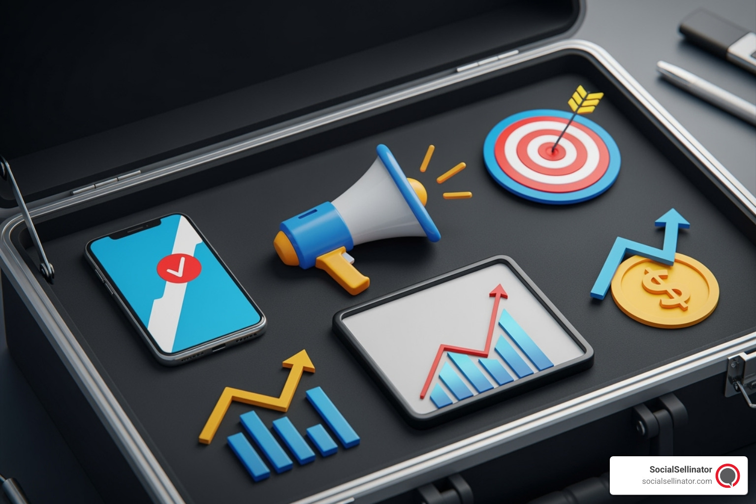 A digital toolbox graphic showcasing the essential tools for a cost-effective mobile marketing strategy. - Cost-effective mobile marketing