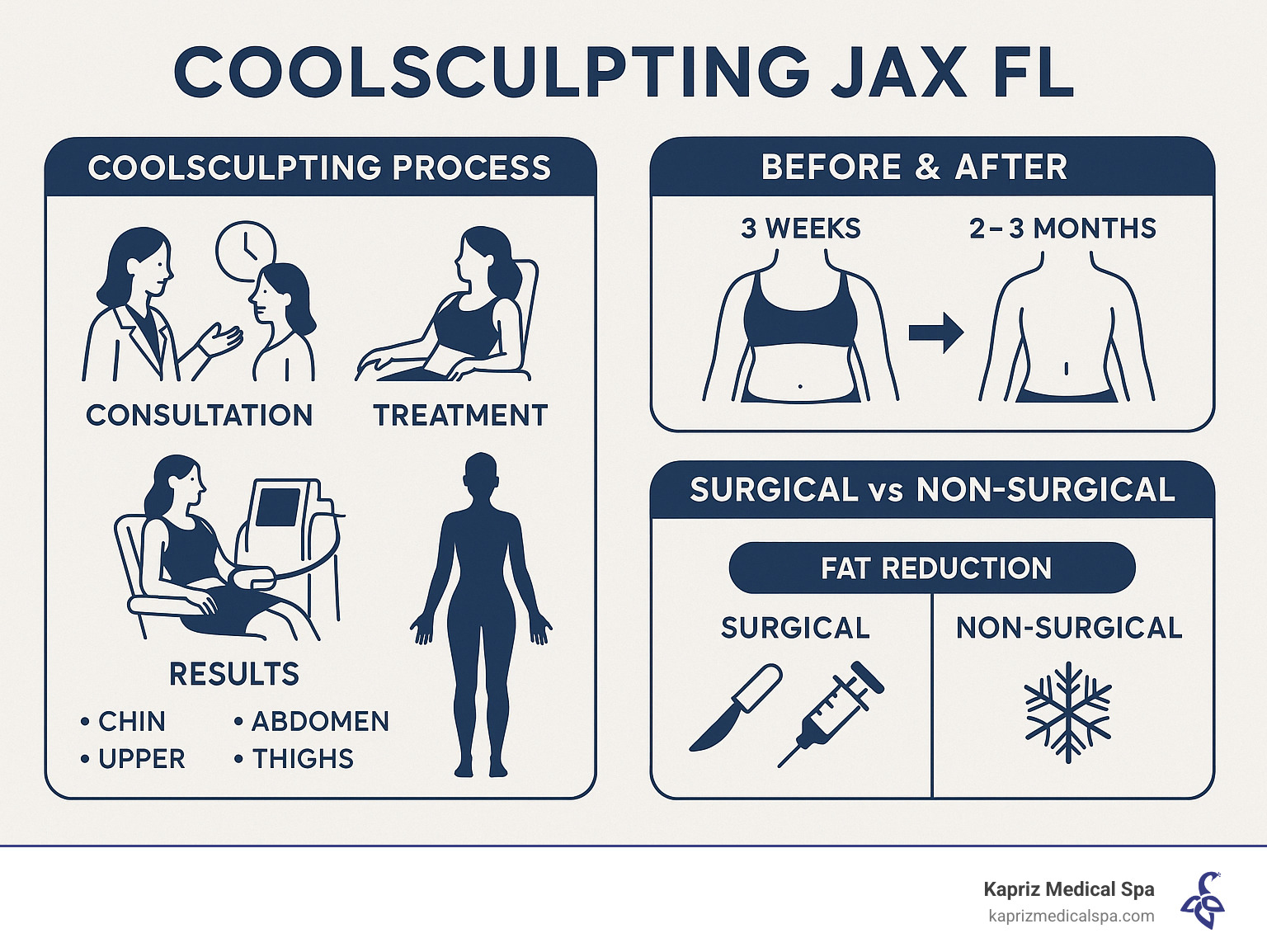 Comprehensive infographic showing the CoolSculpting process from consultation to results, including before/after timeline, treatment areas on body diagram, and comparison of surgical vs non-surgical fat reduction methods - coolsculpting jax fl infographic 