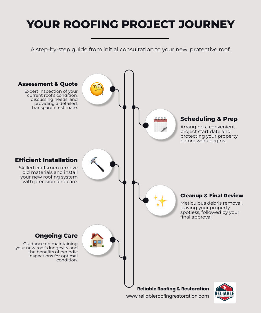 Infographic illustrating the typical roofing project timeline from initial contact to final cleanup - roofing services near me infographic infographic-line-5-steps-neat_beige Infographic illustrating the typical roofing project timeline from initial contact to final cleanup - roofing services near me infographic infographic-line-5-steps-neat_beige
