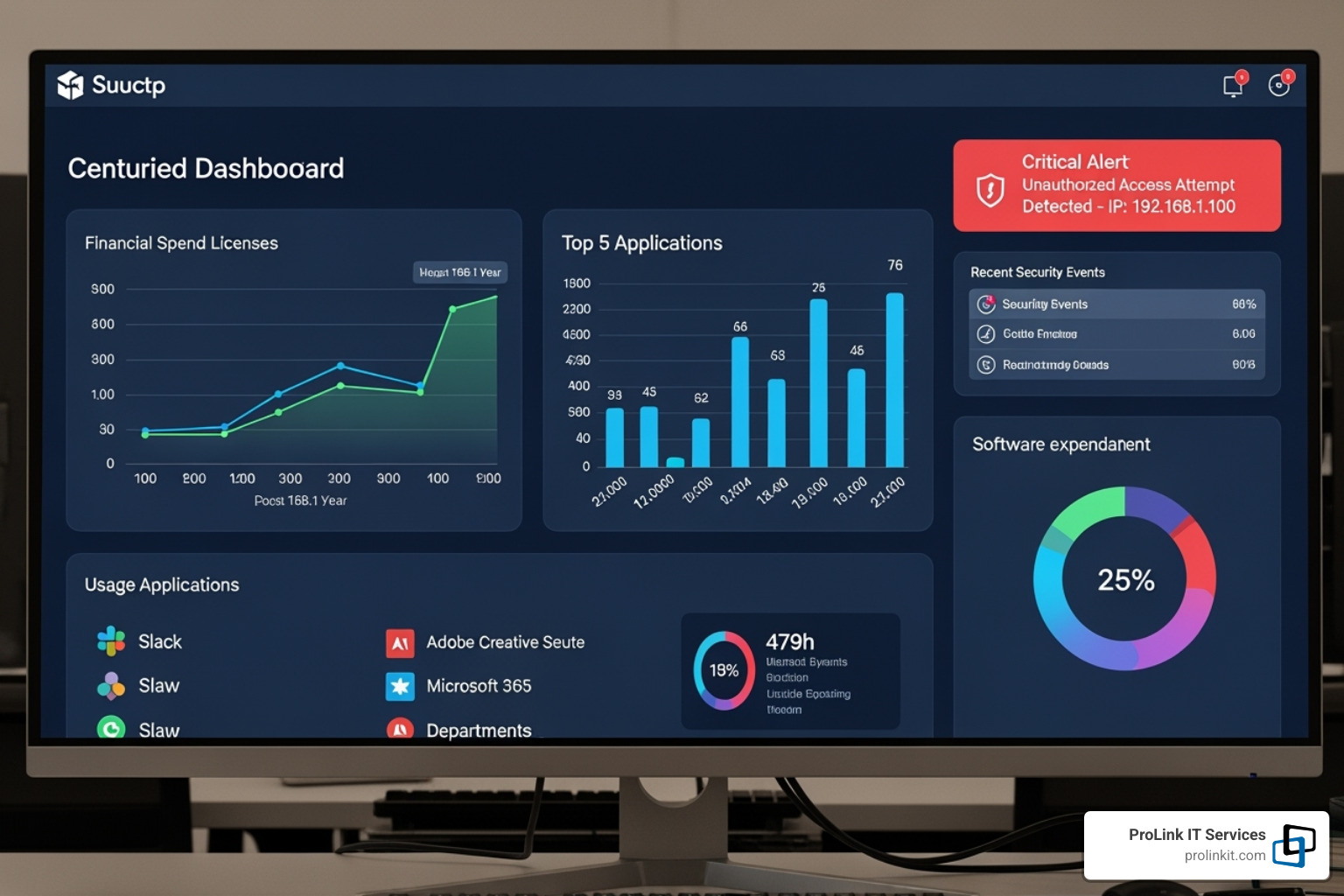 Image of a centralized dashboard showing SaaS spend, usage, and security alerts - SaaS management services Image of a centralized dashboard showing SaaS spend, usage, and security alerts - SaaS management services