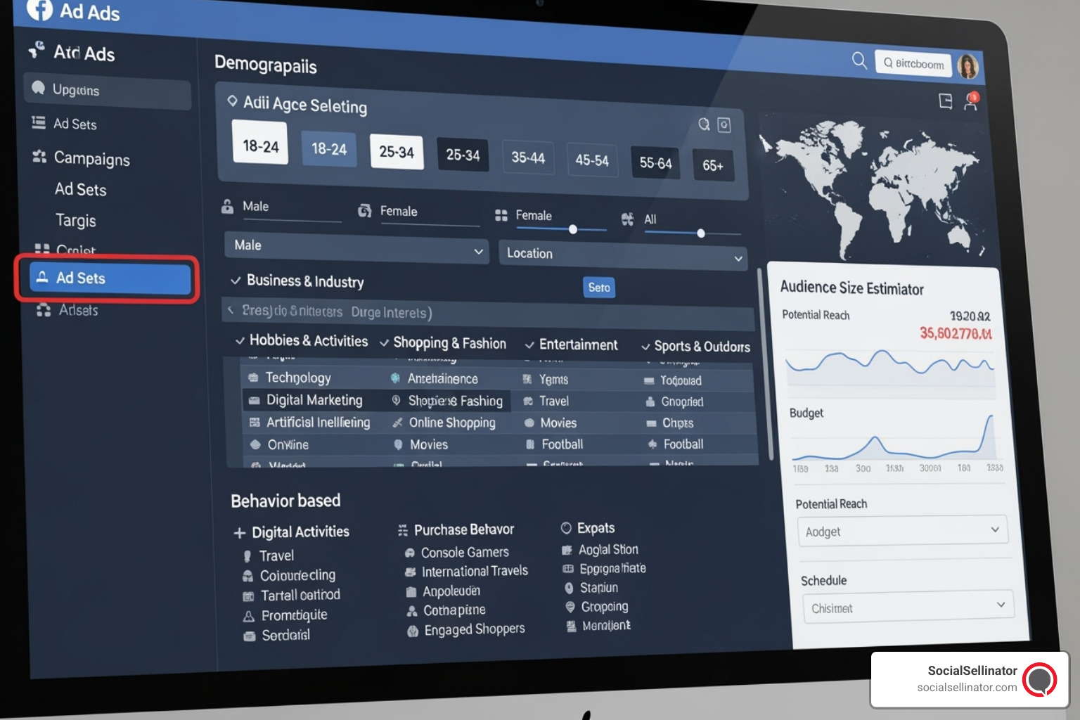 Facebook Ads Manager interface showing detailed audience targeting options - Low-cost Facebook advertising Facebook Ads Manager interface showing detailed audience targeting options - Low-cost Facebook advertising