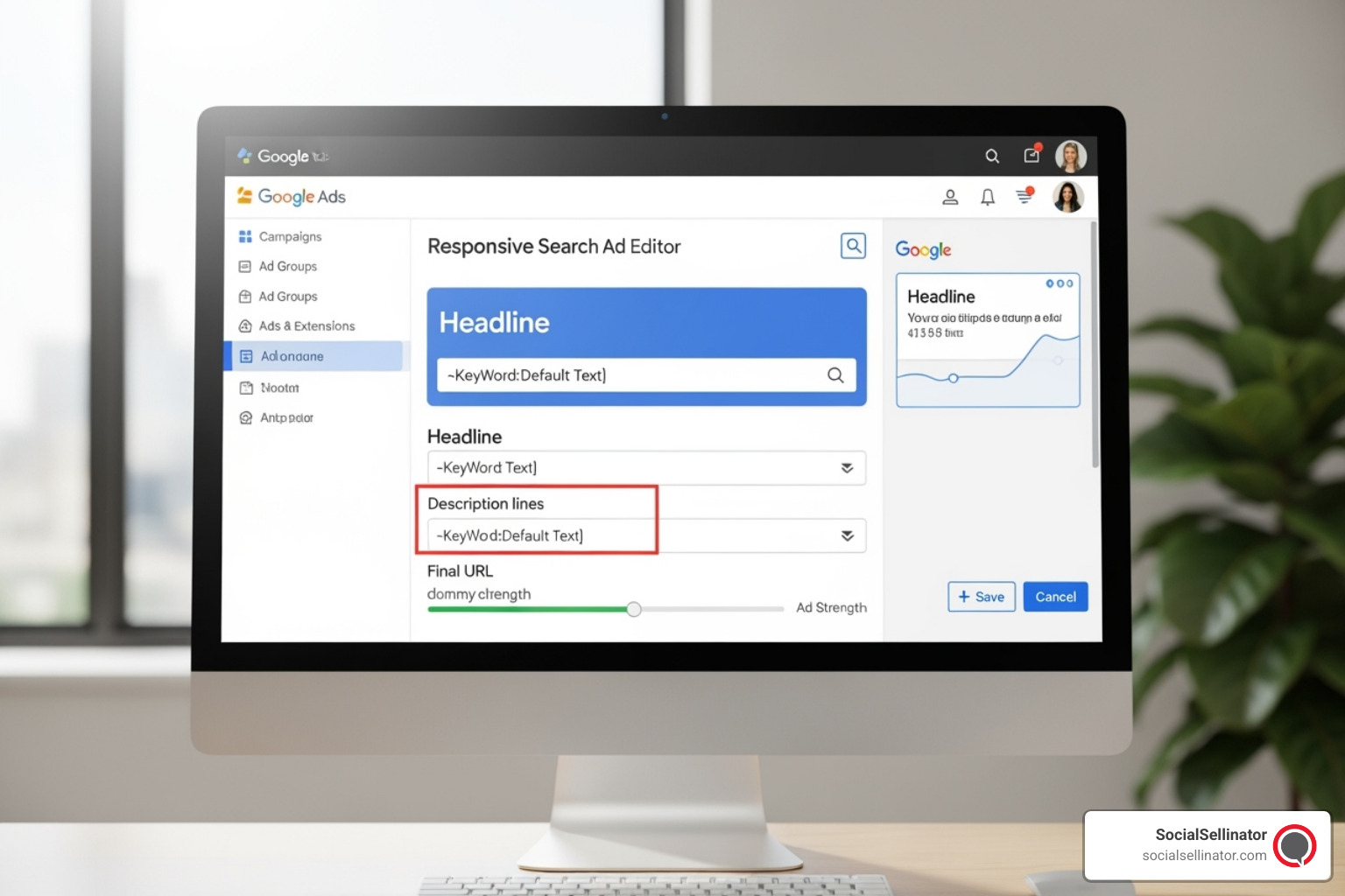 Screenshot of the Google Ads Responsive Search Ad editor with the dynamic keyword insertion code {KeyWord:Default Text} being added to a headline. - PPC dynamic keyword insertion