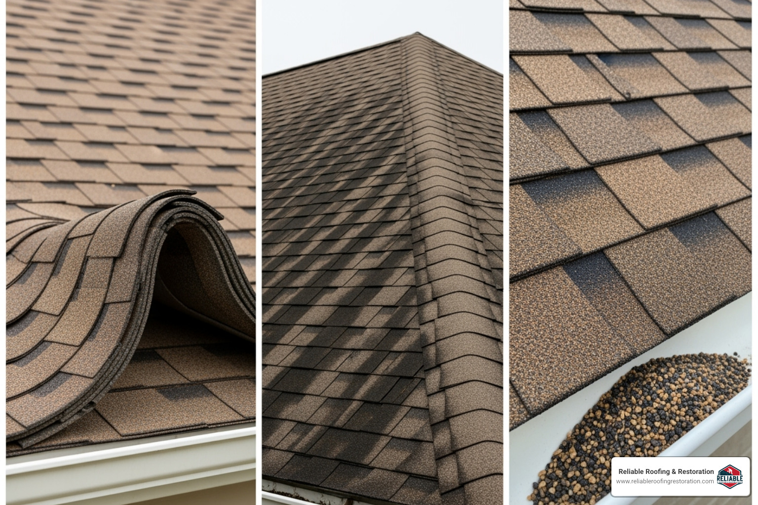 collage showing common roof problems like curled shingles, algae streaks, and missing granules - roofing services near me collage showing common roof problems like curled shingles, algae streaks, and missing granules - roofing services near me