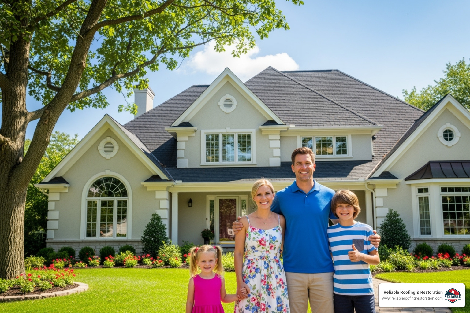 happy family in front of a newly roofed house - roofing services near me happy family in front of a newly roofed house - roofing services near me