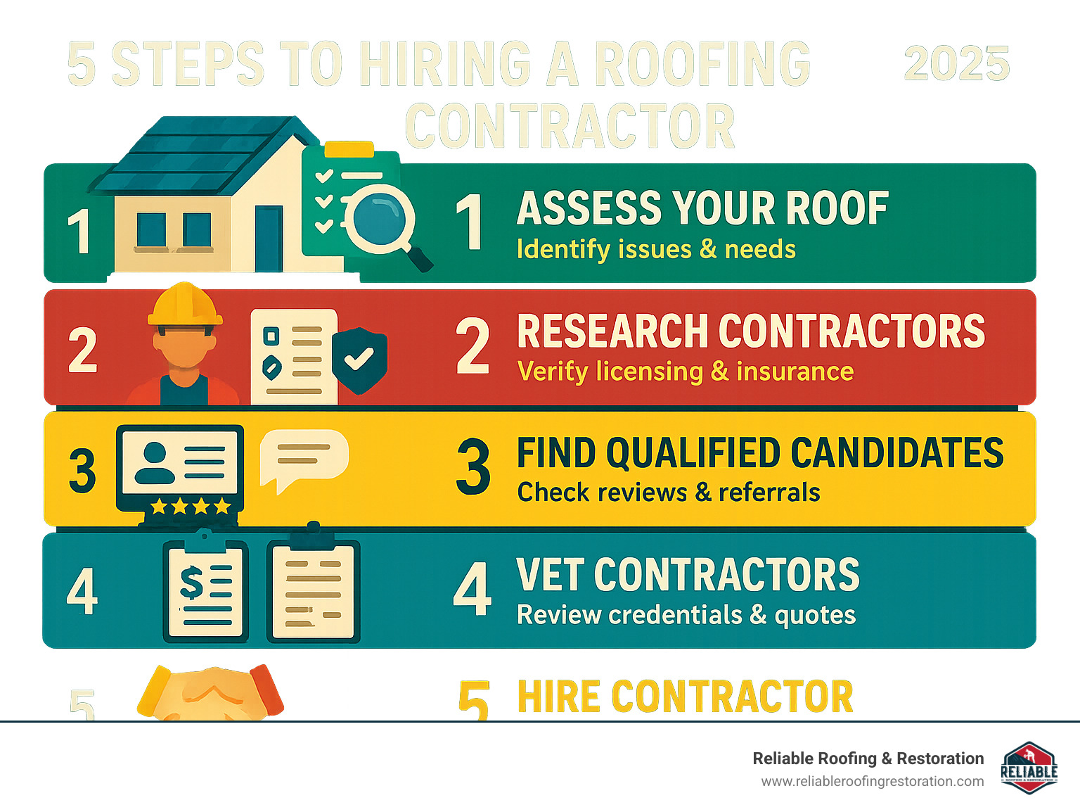 Infographic showing the 5 key steps to hiring a roofing contractor: Step 1 - Assess your roof's condition and identify specific needs, Step 2 - Research local contractors with proper licensing and insurance, Step 3 - Find qualified candidates through reviews and referrals, Step 4 - Vet contractors by checking credentials and getting detailed quotes, Step 5 - Hire the contractor who offers the best combination of quality, price, and reliability - roofing services near me infographic Infographic showing the 5 key steps to hiring a roofing contractor: Step 1 - Assess your roof's condition and identify specific needs, Step 2 - Research local contractors with proper licensing and insurance, Step 3 - Find qualified candidates through reviews and referrals, Step 4 - Vet contractors by checking credentials and getting detailed quotes, Step 5 - Hire the contractor who offers the best combination of quality, price, and reliability - roofing services near me infographic