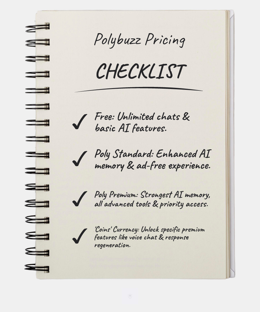 Table comparing Polybuzz Free, Poly Standard, and Poly Premium plans, detailing costs, memory capabilities, ad experiences, and access to advanced features - polybuzz infographic checklist-notebook