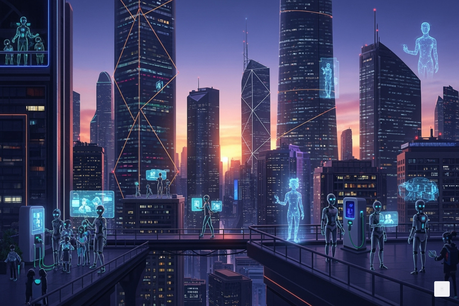 Conceptual image of a future city skyline with AI-generated characters interacting, symbolizing the integration of AI into daily life - polybuzz