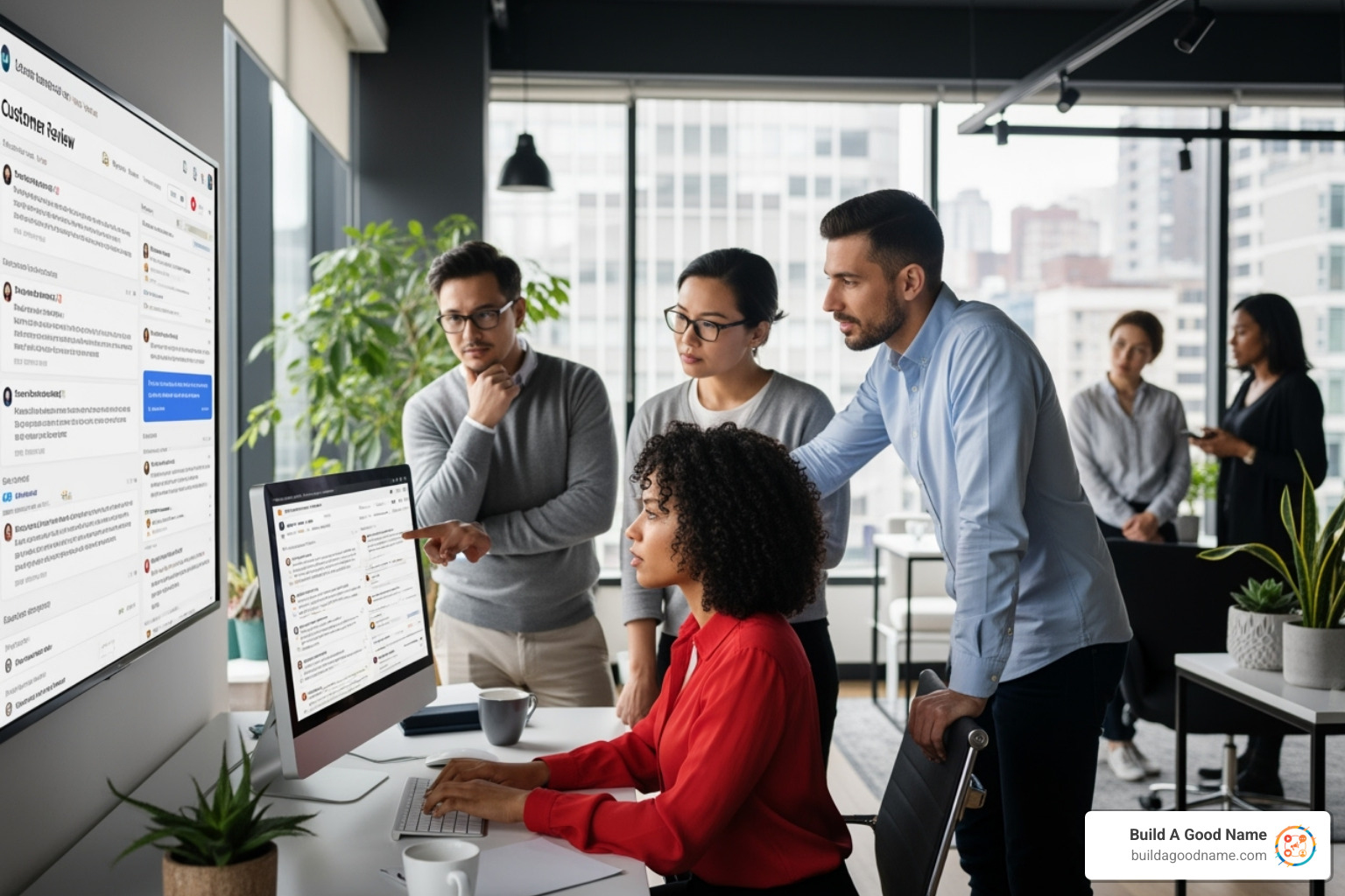 Image of a team collaborating on review responses using a dashboard, showing a blend of AI suggestions and human oversight - AI review response generator