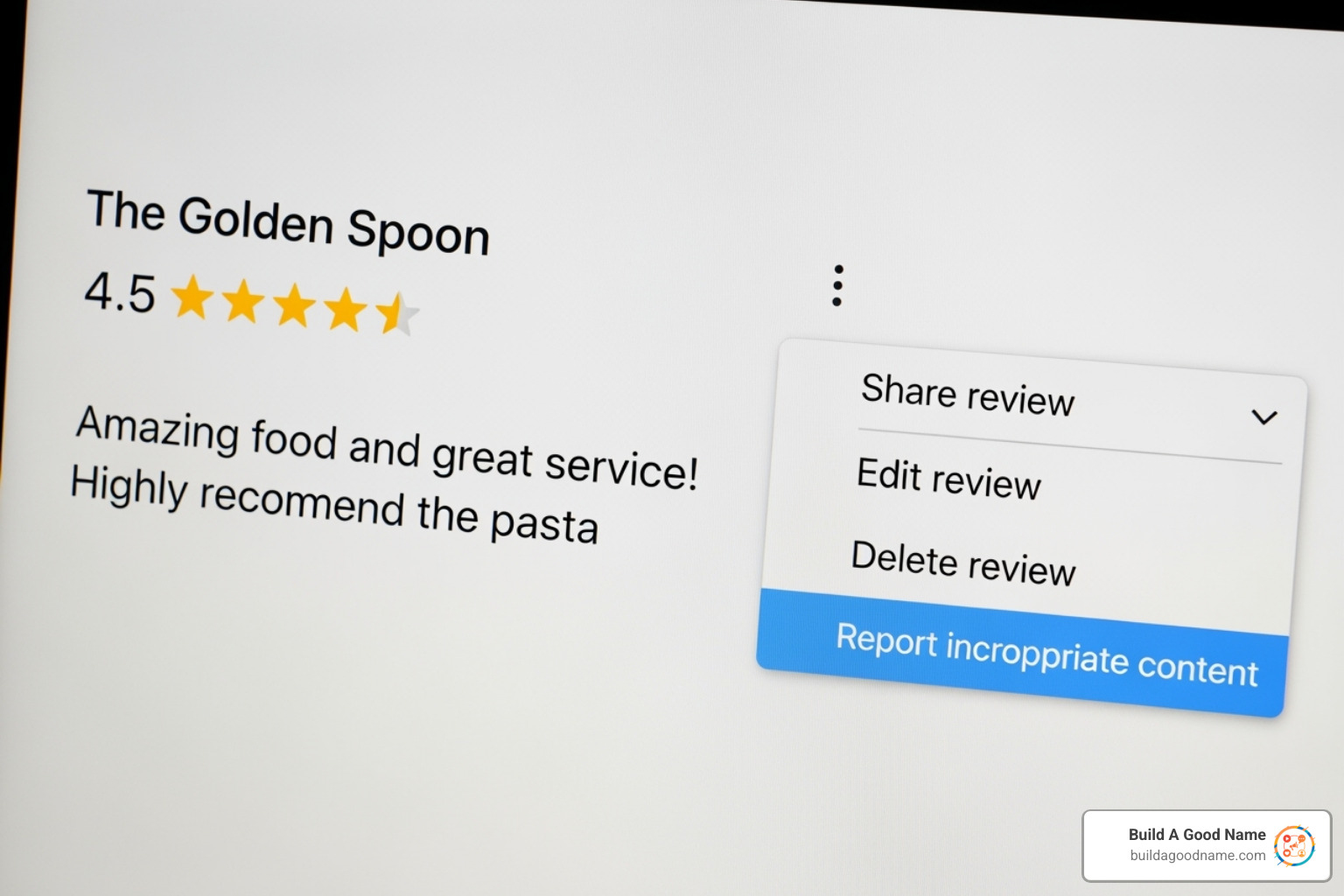 Screenshot of the "Flag as inappropriate" option on a Google review - deleting google reviews