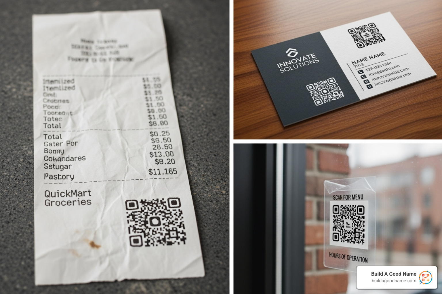 collage of QR codes on different materials like a receipt, a business card, and a window sticker - free qr code generator for google reviews