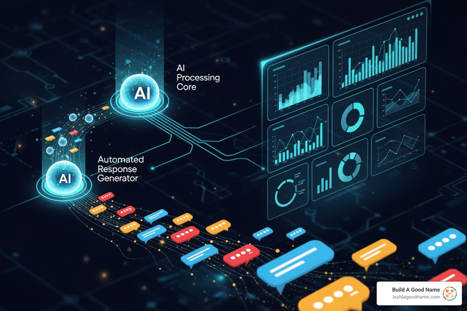 Illustration of AI analyzing text and generating responses, with data flowing into a dashboard - Customer review dashboard