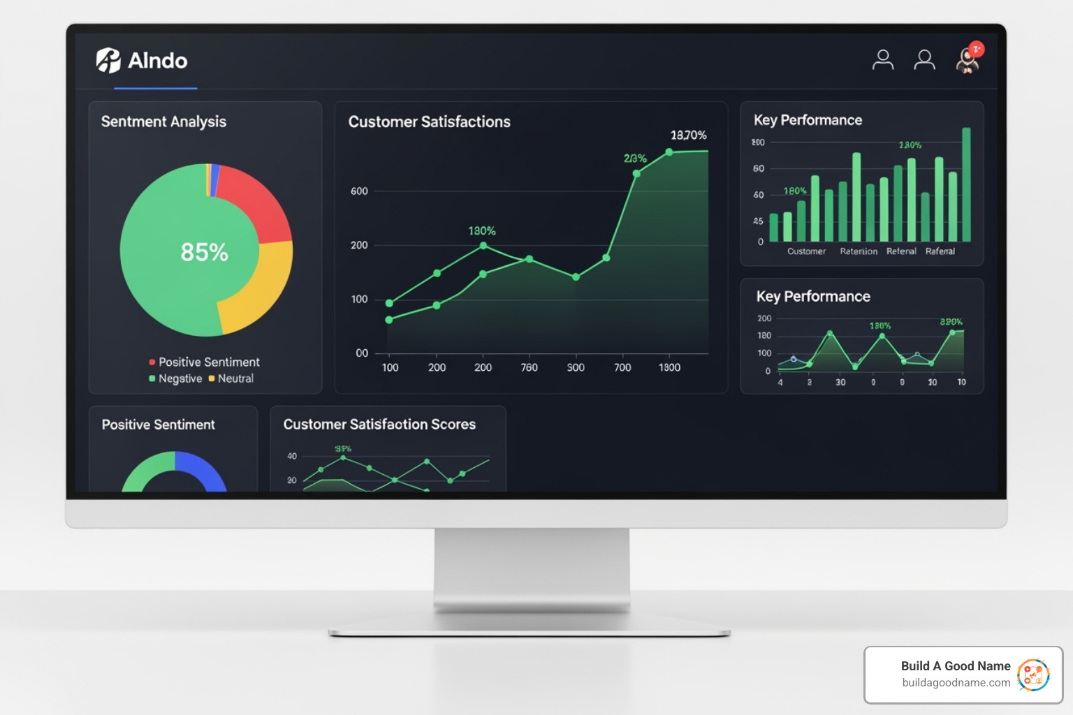 A dashboard showing positive customer sentiment trends with various charts and graphs indicating high satisfaction scores and positive keywords - customer feedback platform