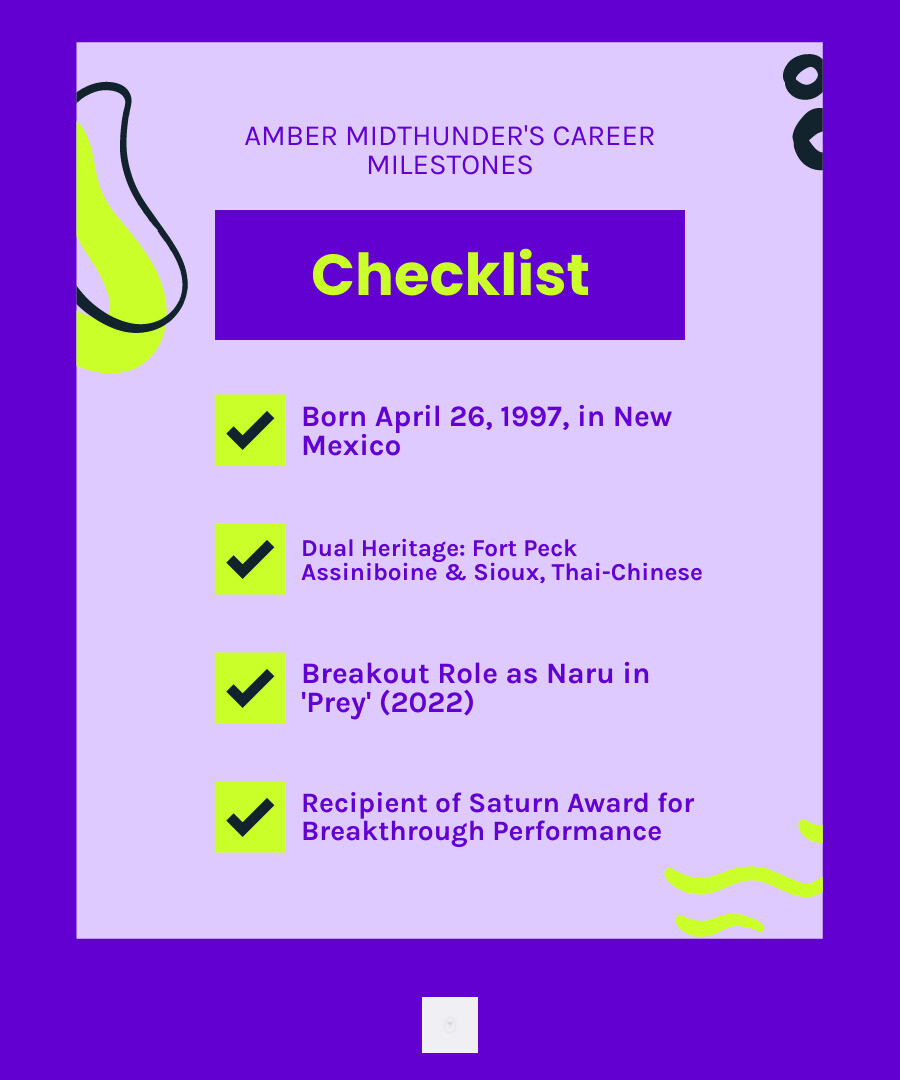 Infographic showing Amber Midthunder's career highlights: Born April 26, 1997 in New Mexico, dual heritage of Fort Peck Assiniboine & Sioux Tribe plus Thai-Chinese ancestry, breakout role as Naru in Prey (2022), notable TV roles in Legion and Roswell New Mexico, Saturn Award winner for Breakthrough Performance, and upcoming role as Princess Yue in Avatar The Last Airbender - amber midthunder infographic checklist-fun-neon