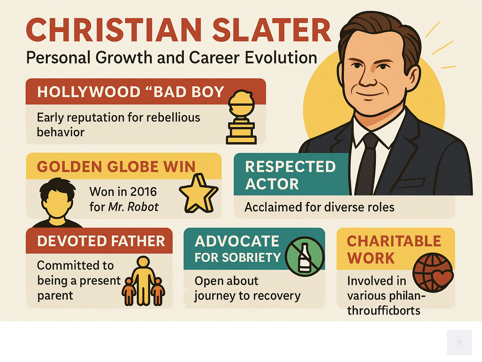 Infographic showing Christian Slater's personal growth and career evolution, highlighting his transition from "bad boy" image to respected actor, father, and advocate for sobriety, with milestones like his Golden Globe win and charitable work - christian slater infographic 