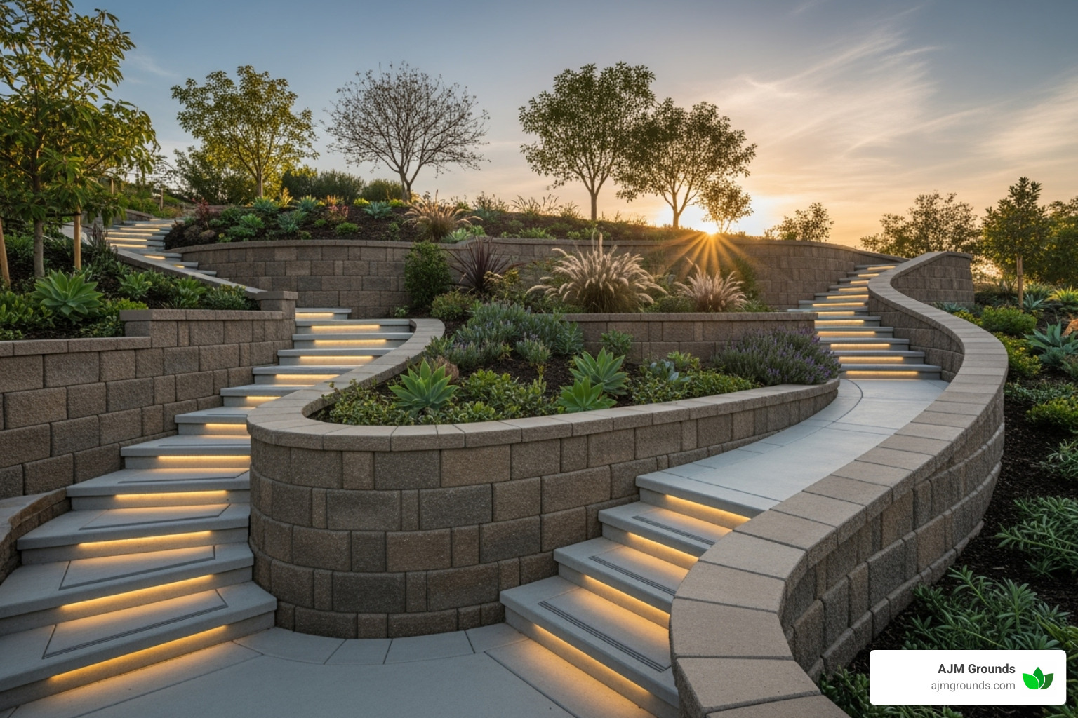 complex curved retaining wall with built-in steps - retaining wall installation cost