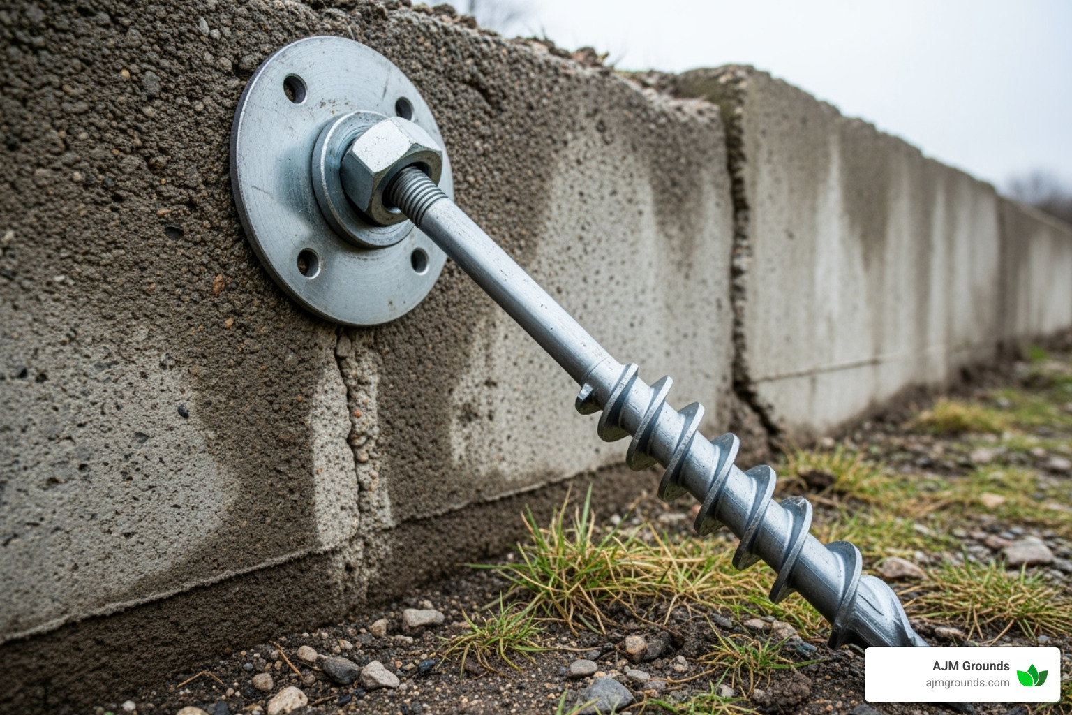 Helical anchor works to stabilize a leaning wall - retaining walls repairs