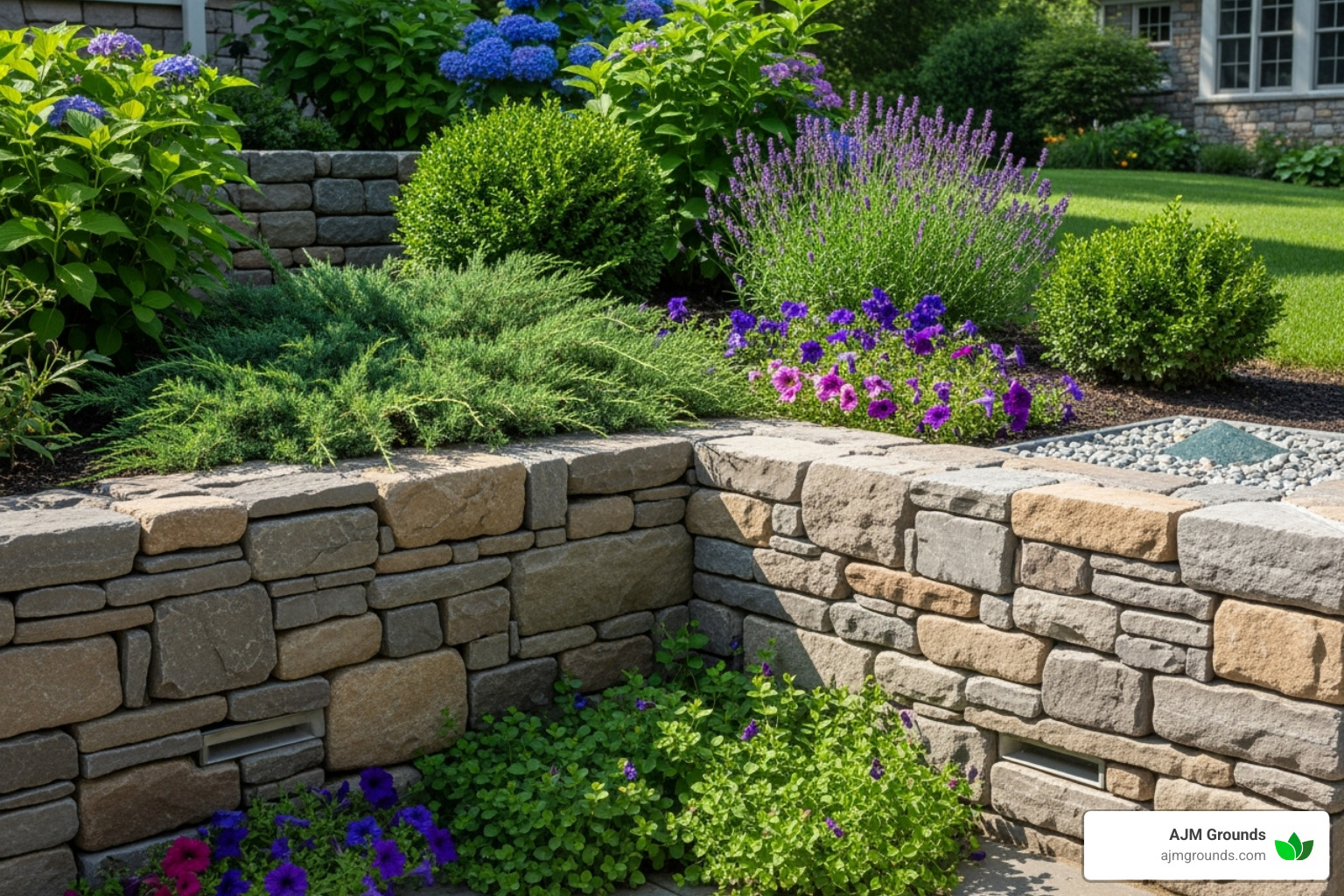 Well-maintained retaining wall with proper drainage and landscaping - retaining walls repairs