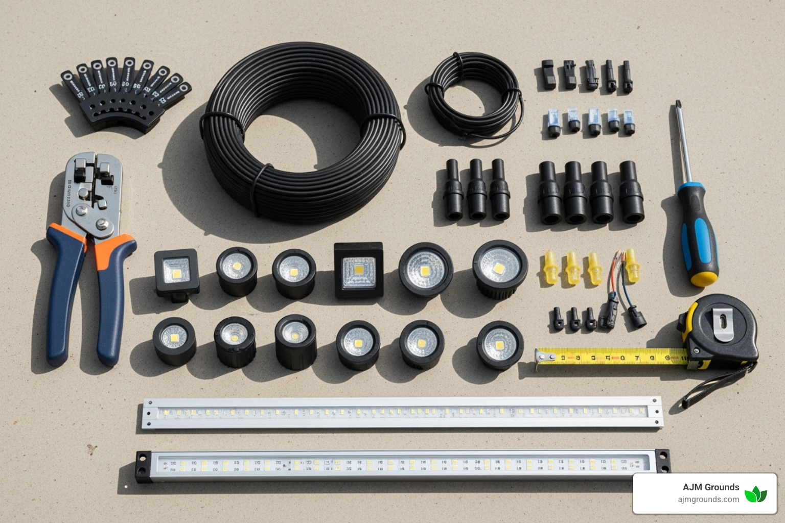 tools and materials laid out neatly for hardscape lighting installation - retaining wall lights installation tools and materials laid out neatly for hardscape lighting installation - retaining wall lights installation