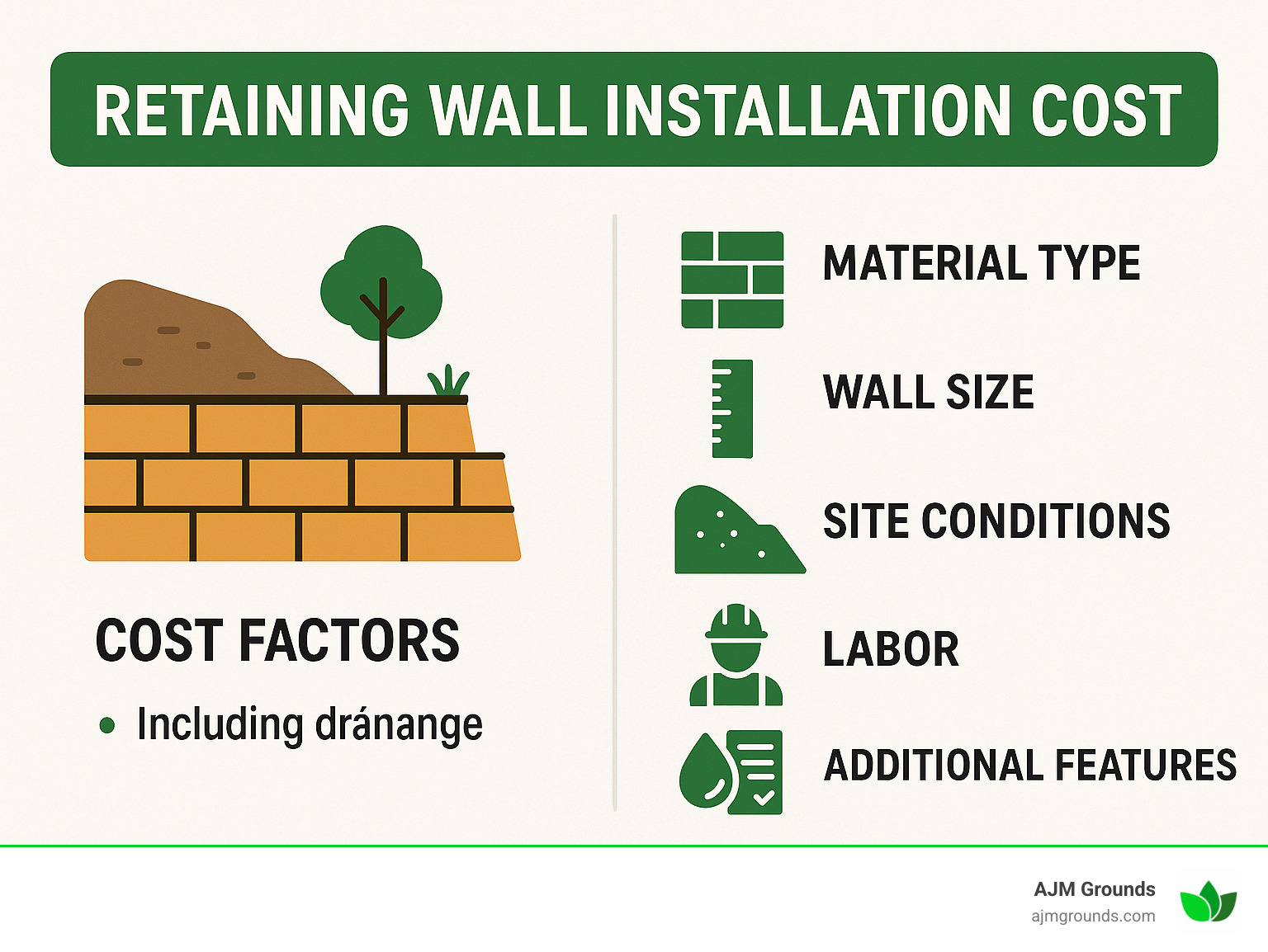 Infographic showing key factors affecting retaining wall installation cost including material type, wall size, site conditions, labor requirements, and additional features like drainage and permits - retaining wall installation cost infographic 