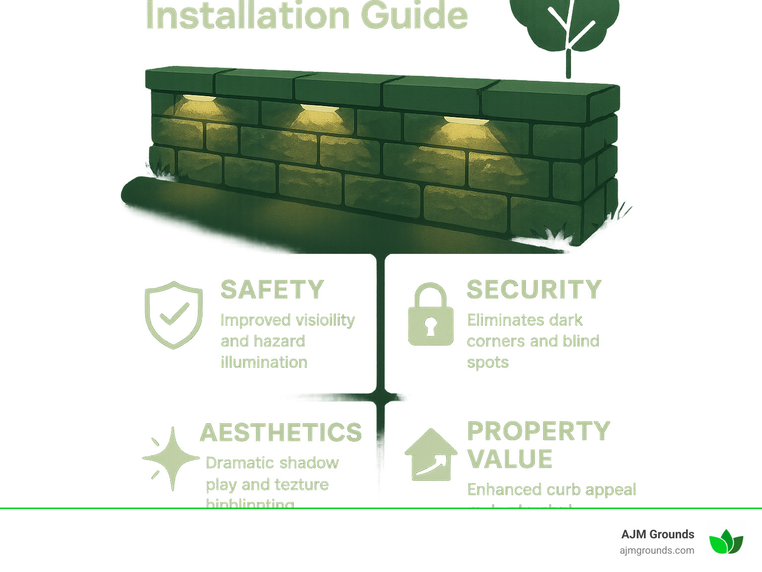 Comprehensive retaining wall lighting installation guide showing the four key benefits: Safety through improved visibility and hazard illumination, Security by eliminating dark corners and blind spots, Aesthetics with dramatic shadow play and texture highlighting, and Property Value increase through improved curb appeal and extended outdoor living hours - retaining wall lights installation infographic Comprehensive retaining wall lighting installation guide showing the four key benefits: Safety through improved visibility and hazard illumination, Security by eliminating dark corners and blind spots, Aesthetics with dramatic shadow play and texture highlighting, and Property Value increase through improved curb appeal and extended outdoor living hours - retaining wall lights installation infographic