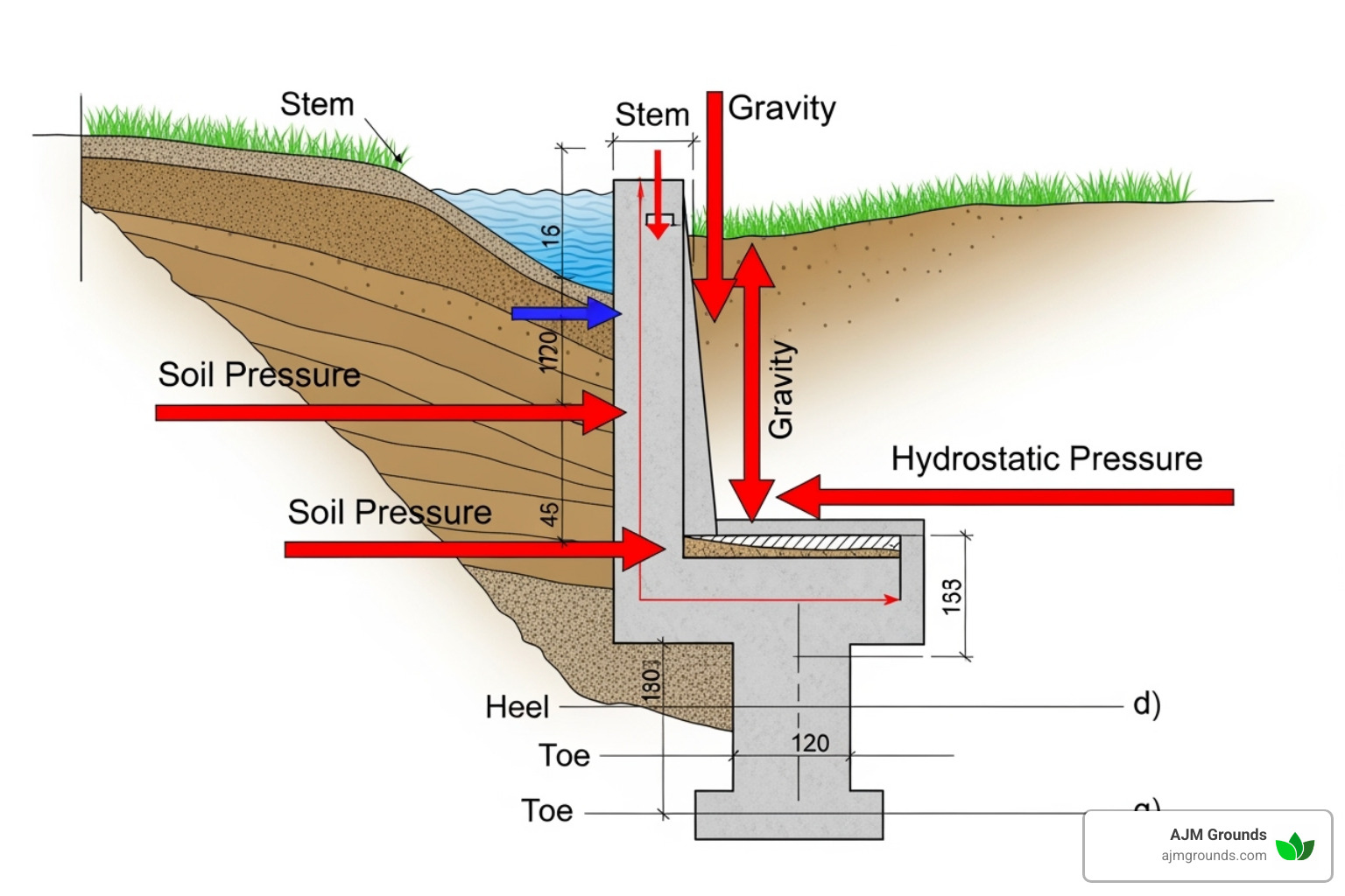 cross section diagram illustrating the forces acting on a retaining wall, showing soil pressure, gravity, and hydrostatic pressure - landscaping and retaining walls