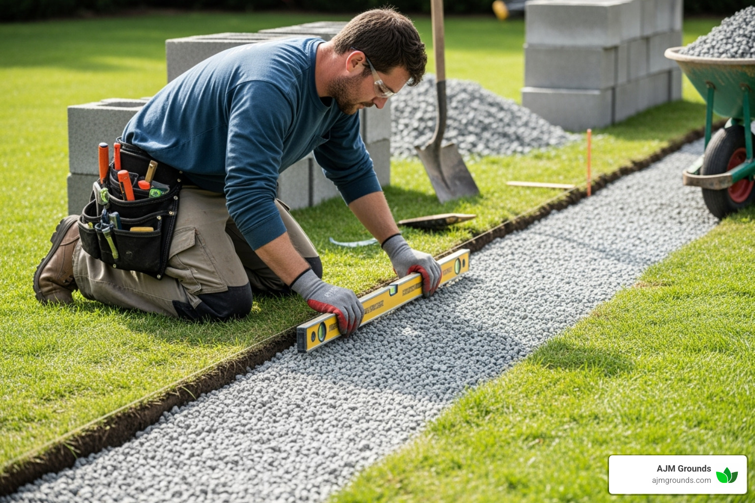 professional landscaper carefully laying the base course for a block retaining wall - landscaping and retaining walls