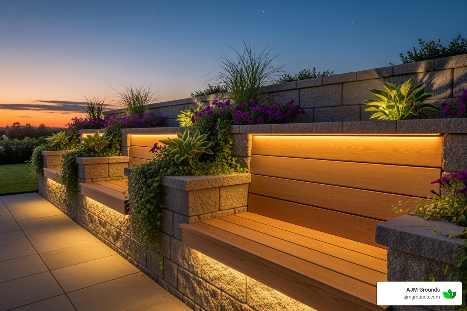 retaining wall with integrated seating and planters at dusk - landscaping and retaining walls
