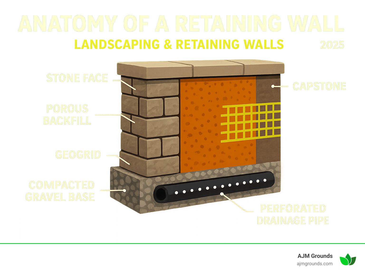 Infographic showing the complete anatomy of a properly constructed retaining wall, including the visible stone face and capstones on top, plus the crucial hidden elements below ground: compacted gravel base foundation, porous backfill material behind the wall, perforated drainage pipe at the base, and geogrid reinforcement extending into the soil for stability - landscaping and retaining walls infographic 
