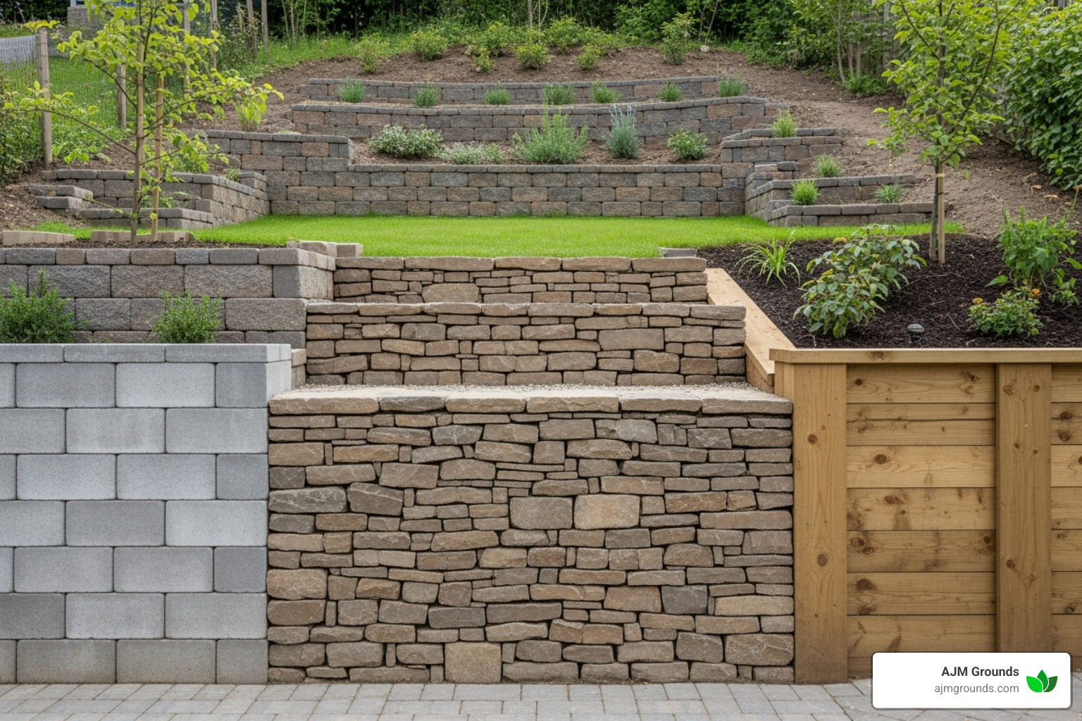 Cross-section diagram showing proper retaining wall construction with drainage and backfill, including a compacted base, gravel layer, perforated pipe, and filter fabric - retaining walls