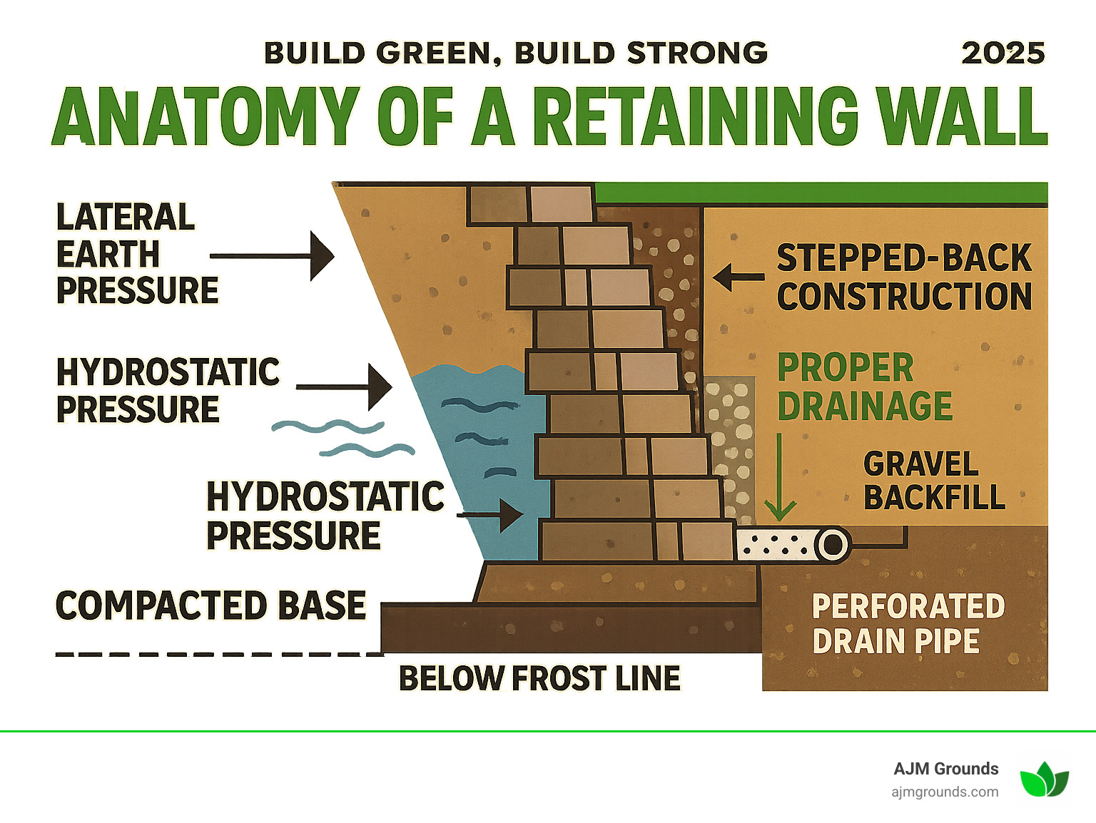 Infographic showing the anatomy of a retaining wall with labeled components including lateral earth pressure forces pushing against the wall, hydrostatic pressure from groundwater, proper drainage system with gravel backfill and perforated drain pipe, stepped-back construction for stability, and compacted base foundation below frost line - retaining walls infographic 