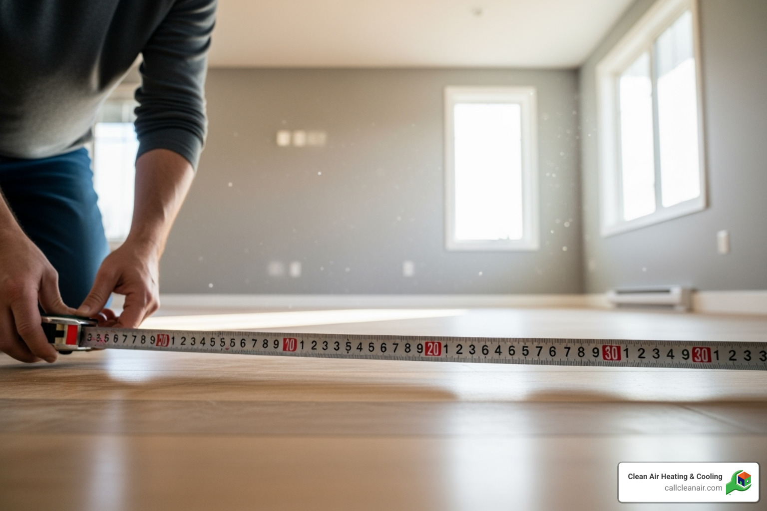 Person using a tape measure in a room - air conditioner size chart