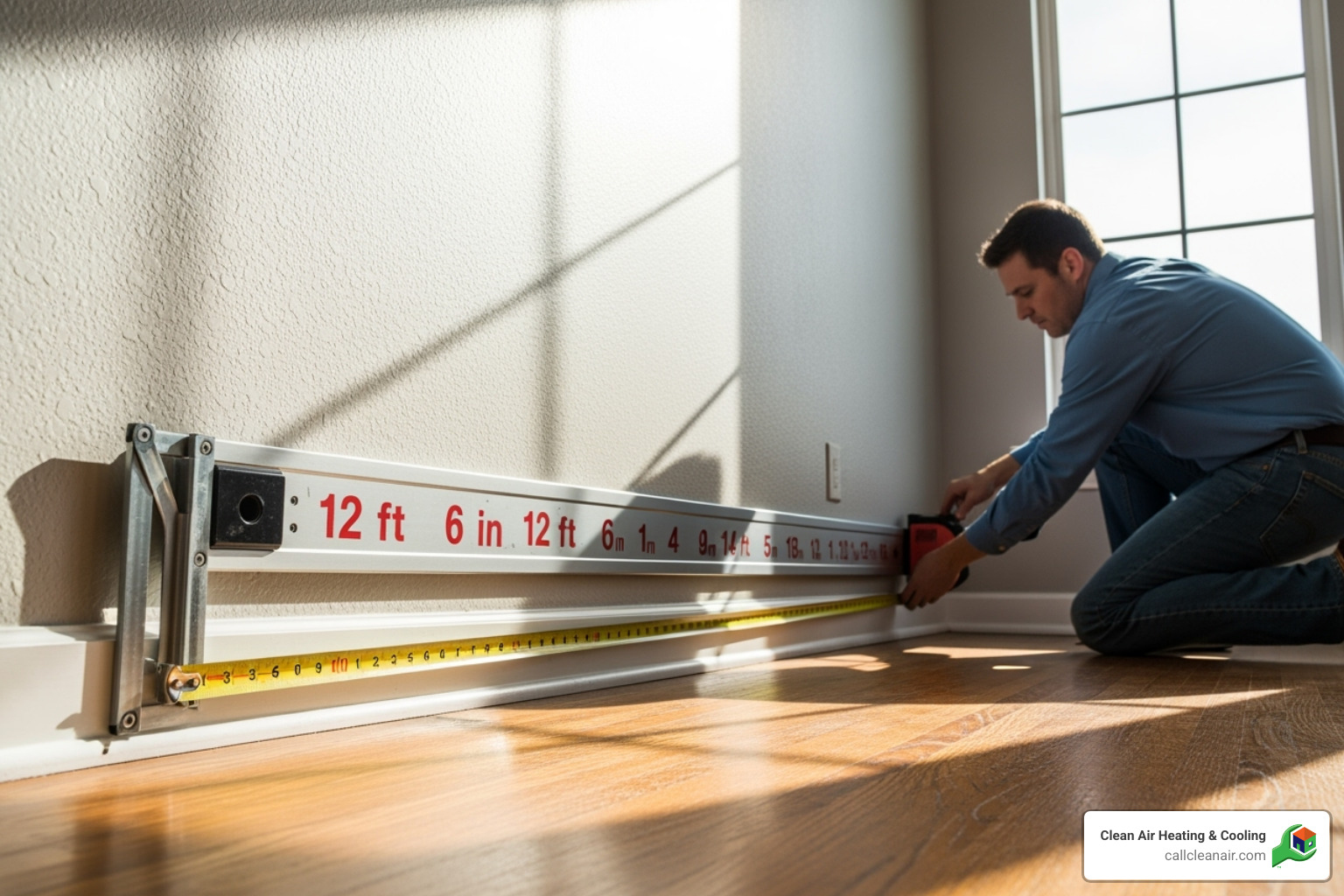 person measuring a room with a tape measure - mini split sizing calculator