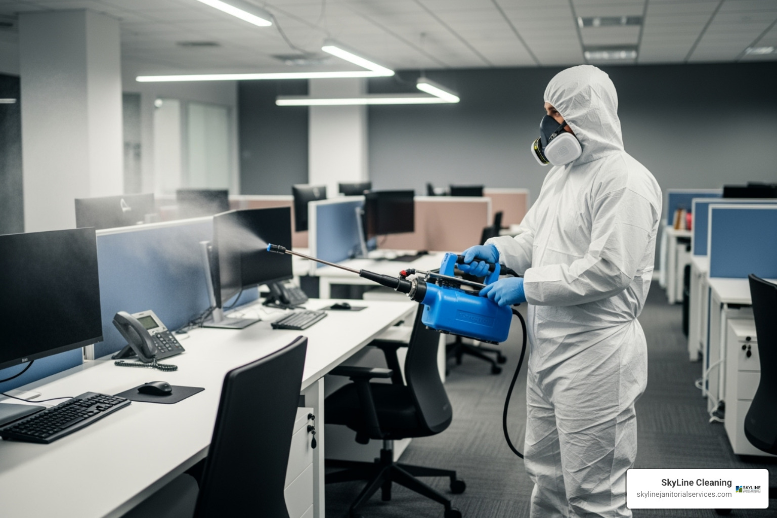 Technician using an electrostatic sprayer in an office - commercial disinfection services