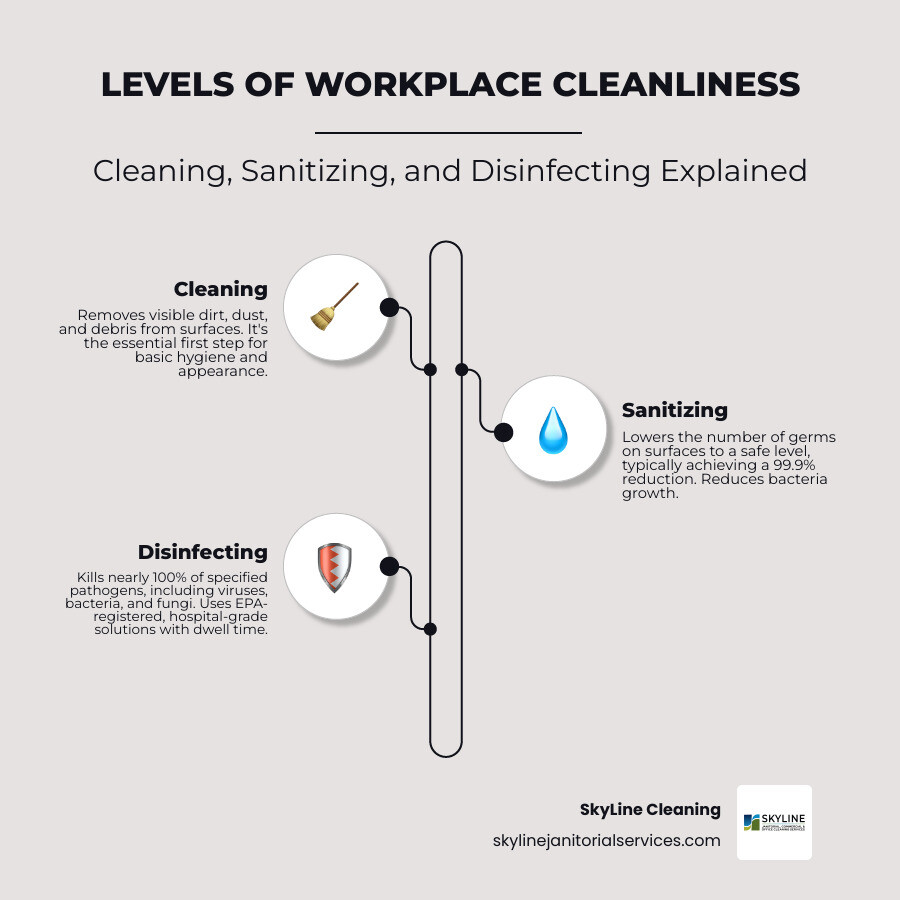 Comprehensive infographic showing the three levels of cleanliness: cleaning removes visible dirt and debris, sanitizing reduces germs by 99.9% using chemicals or heat, and disinfecting kills 100% of specified pathogens including viruses and bacteria using EPA-registered hospital-grade chemicals with required contact time - commercial disinfection services infographic infographic-line-3-steps-neat_beige