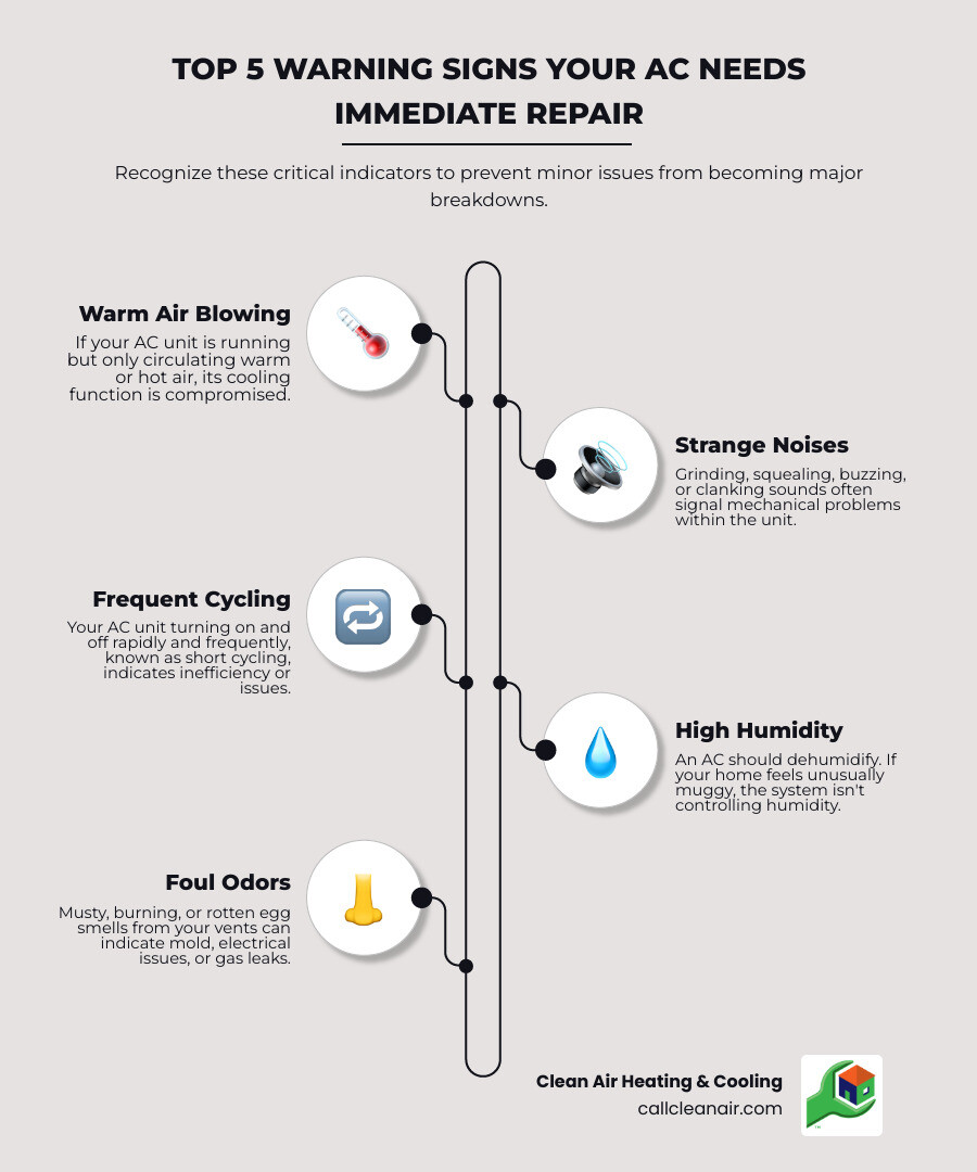 Infographic showing the top 5 warning signs that your air conditioner needs immediate repair: warm air from vents, strange grinding or squealing noises, system cycling on and off rapidly, unusually high indoor humidity levels, and foul odors coming from the unit - Same day AC repair infographic infographic-line-5-steps-neat_beige