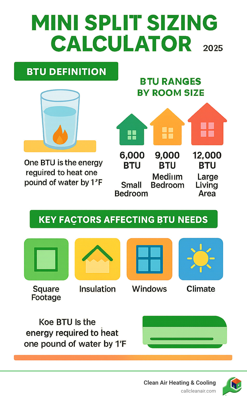 Infographic showing BTU definition with visual representation of energy required to heat water, common BTU ranges for different room sizes from 6,000 BTU for small bedrooms to 36,000 BTU for large living areas, and key factors affecting BTU needs including square footage, insulation, windows, and climate - mini split sizing calculator infographic 