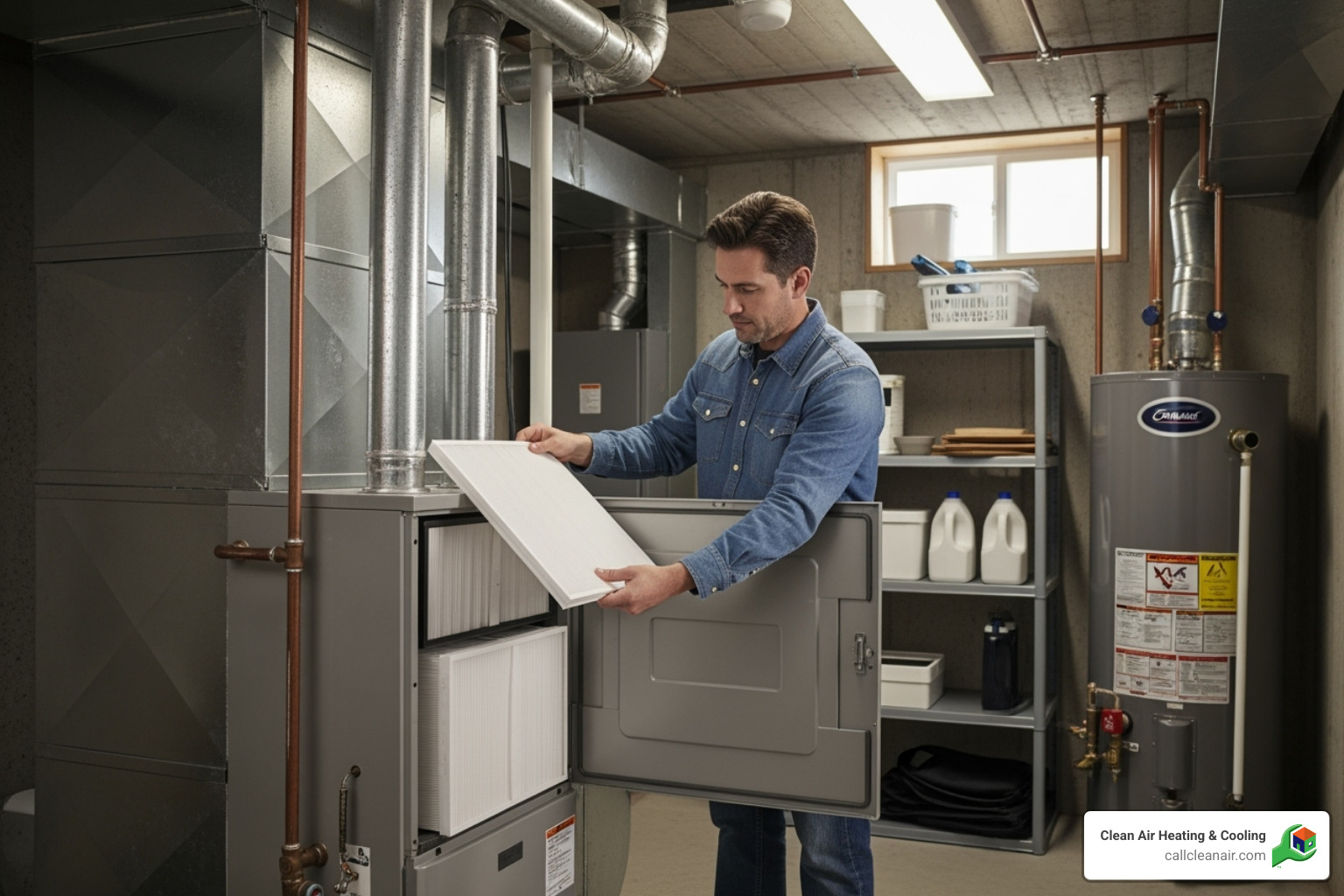 Homeowner changing a clean air filter in their HVAC system - Same day AC repair