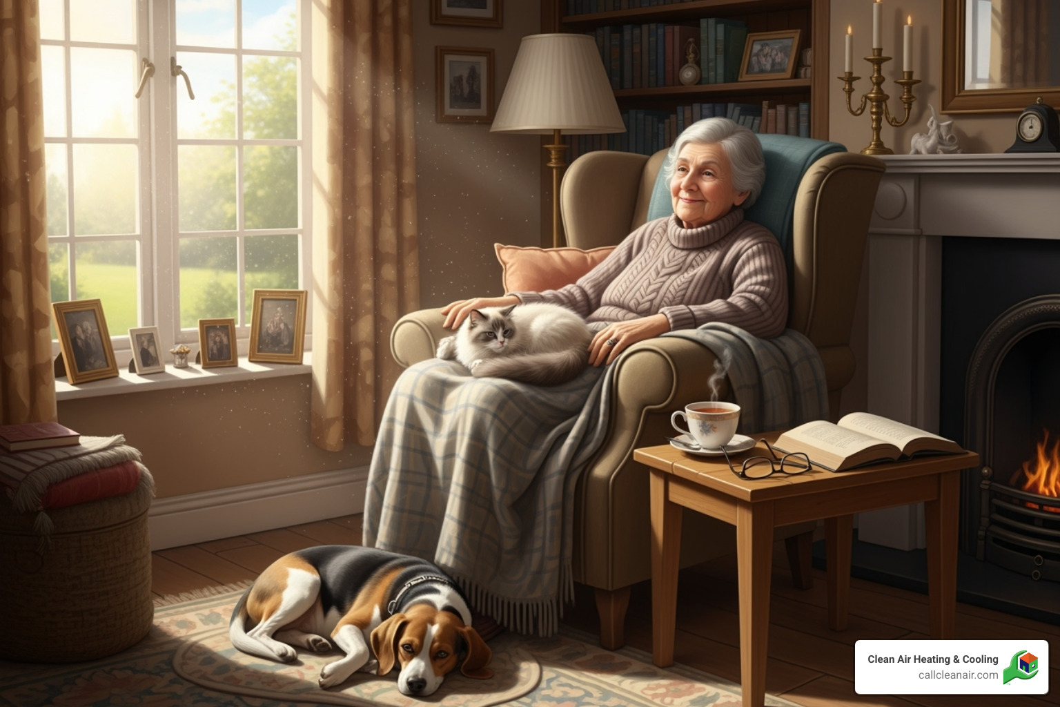 Elderly person and a pet resting comfortably indoors - Same day AC repair
