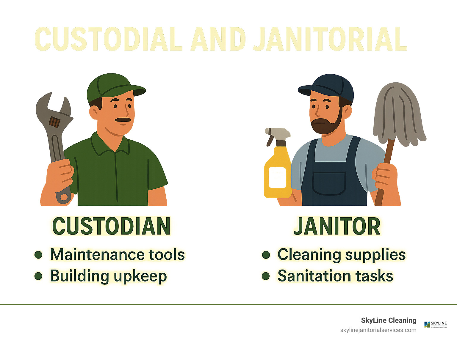 Detailed comparison infographic showing custodian with maintenance tools like wrench and keys alongside janitor with cleaning supplies like mop and disinfectant, highlighting their different equipment and responsibilities - custodial and janitorial infographic 