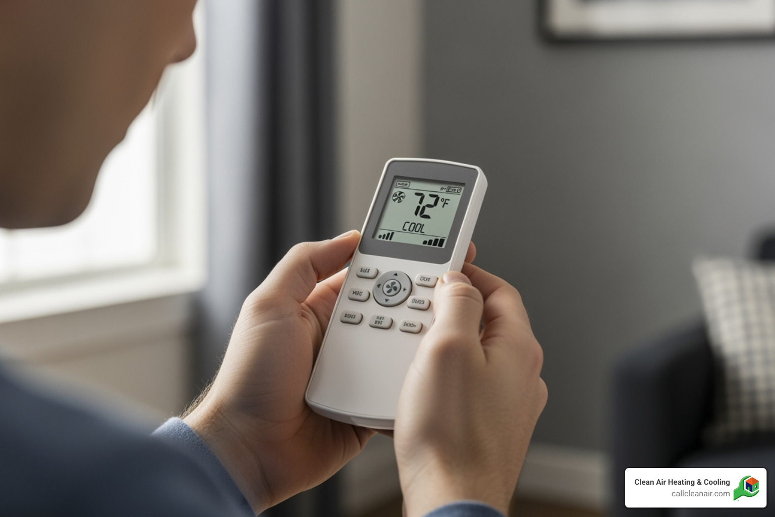 Person looking at a ductless unit's remote control with temperature and mode settings visible - Small room ductless