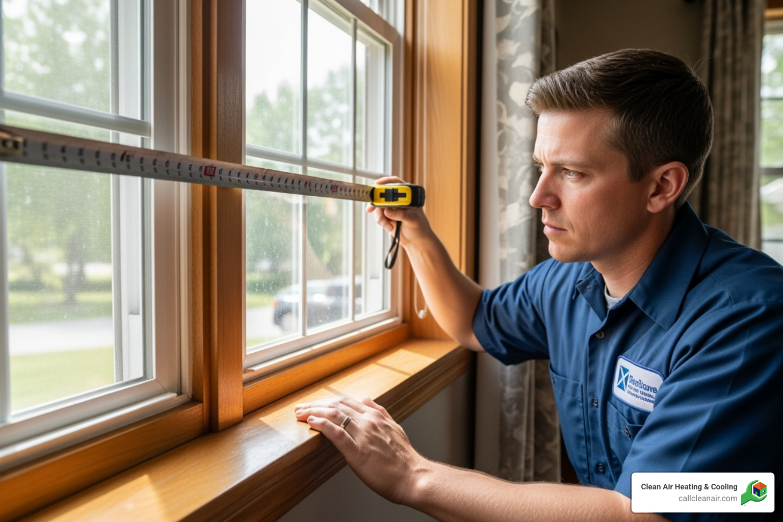 HVAC technician measuring a window - how to determine size of heating and air conditioning system