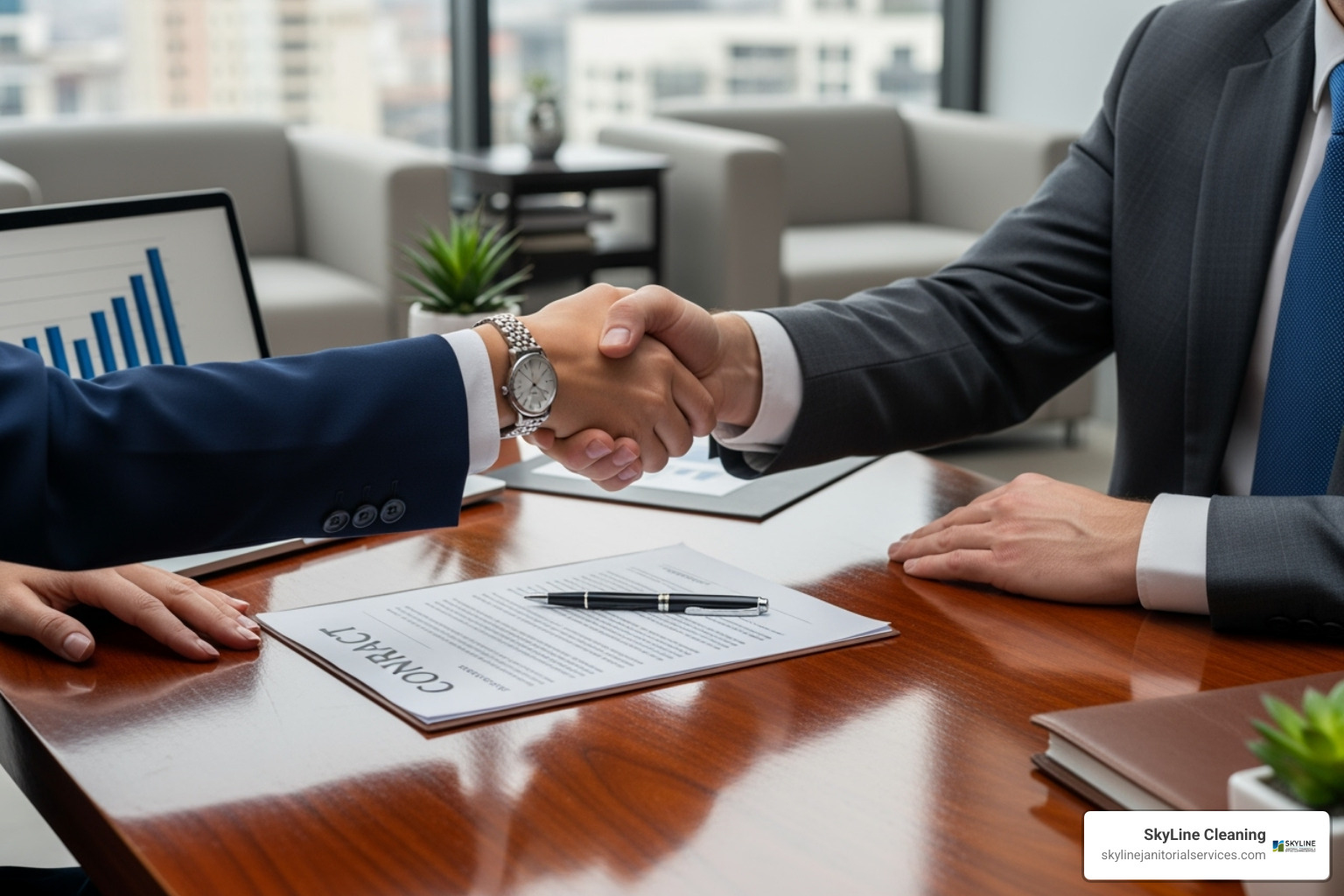 Two people shaking hands over a contract - custodial companies near me