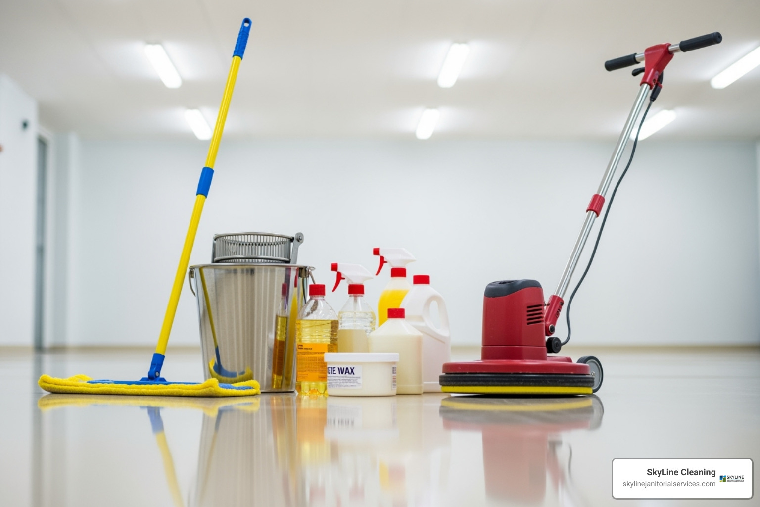 Floor waxing supplies including mop, bucket, wax, and buffer - floor waxing