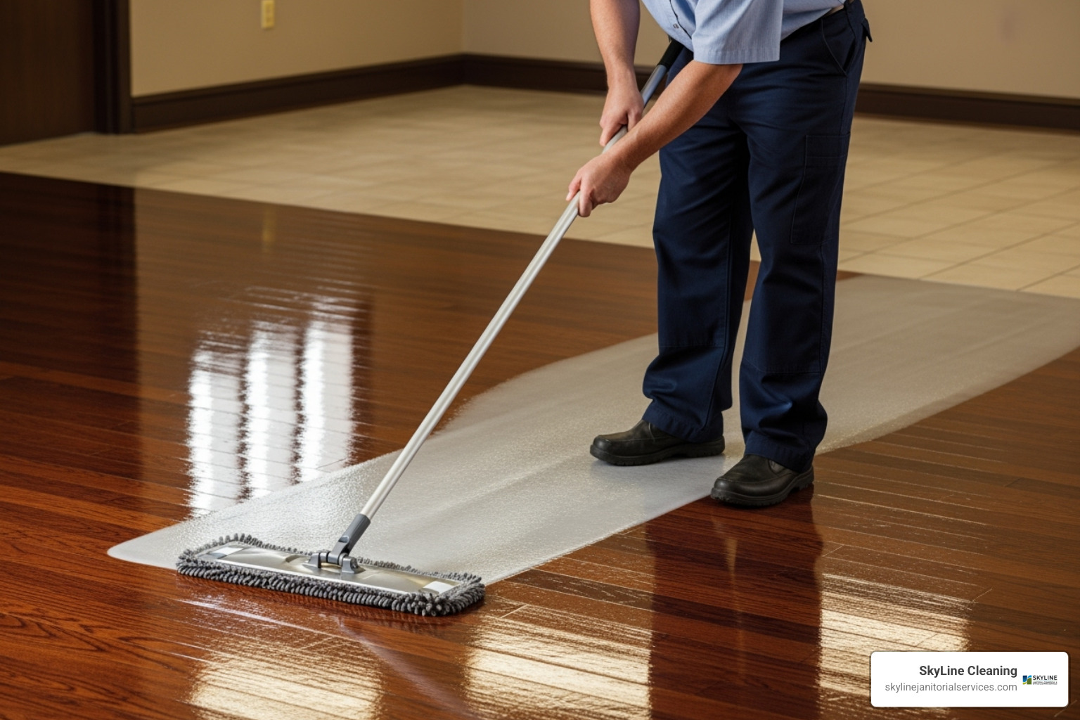 A person applying liquid wax evenly with a flat mop applicator - floor waxing