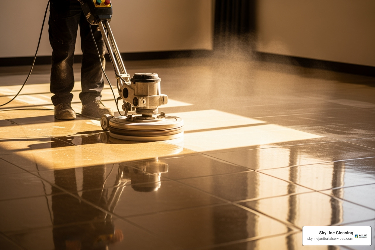 An electric floor buffer polishing a waxed floor to a high shine - floor waxing